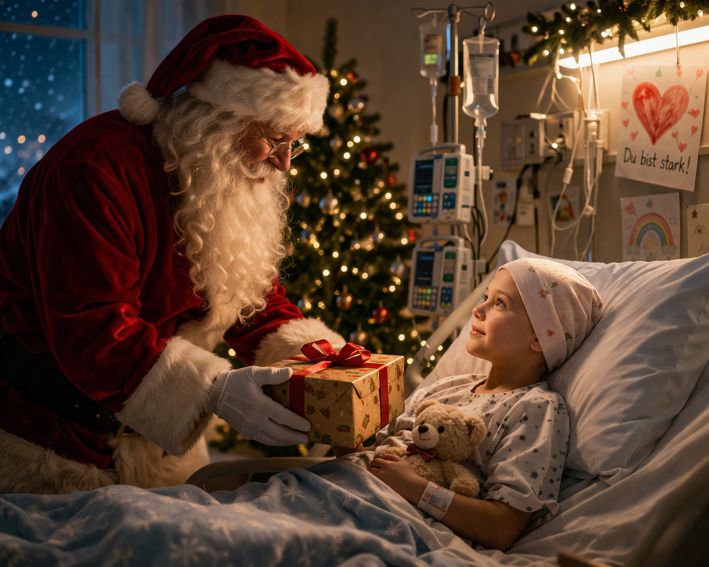Santa Clause schenkt einem krebskranken Kind Freude – Du bist stark!